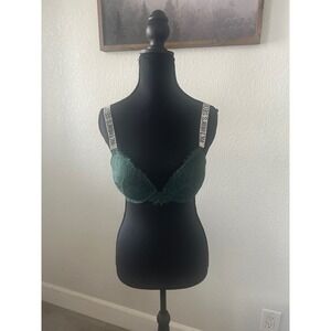 Victorias Secret Very Sexy Lace Push Up Bra Rhinestone Strap Green Emerald 34C